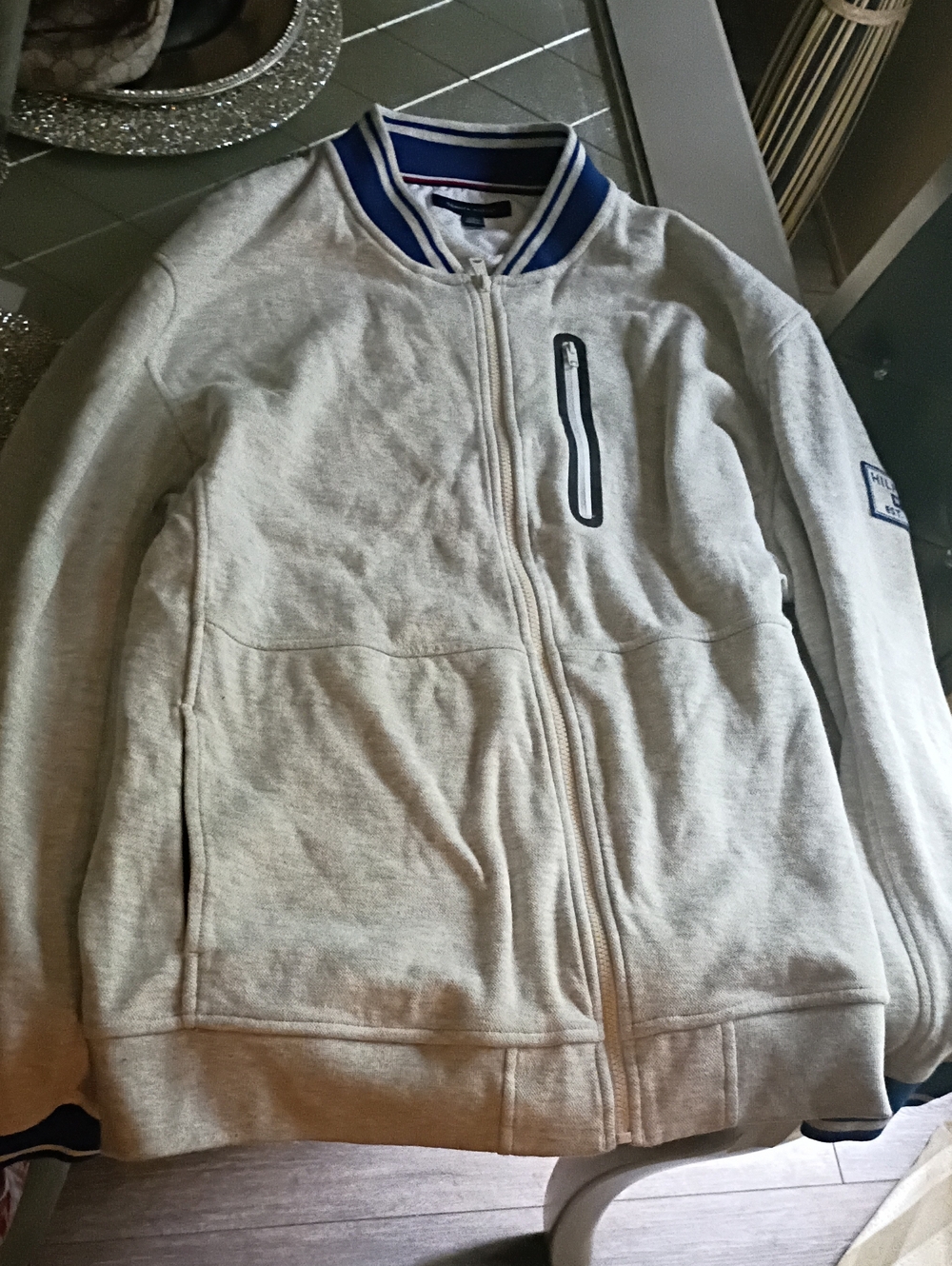 Tommy Hilfiger Light Gray Zip-Up Sweater Jacket with Blue Trim